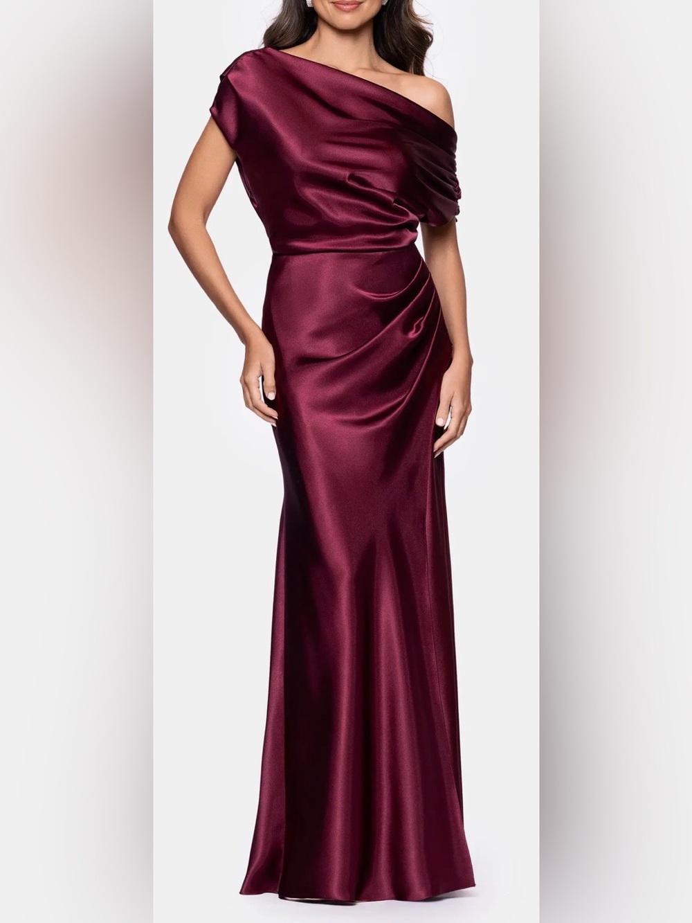 NEW Betsy & Adam Sofia Satin One Shoulder Burgundy Gown Sz 6